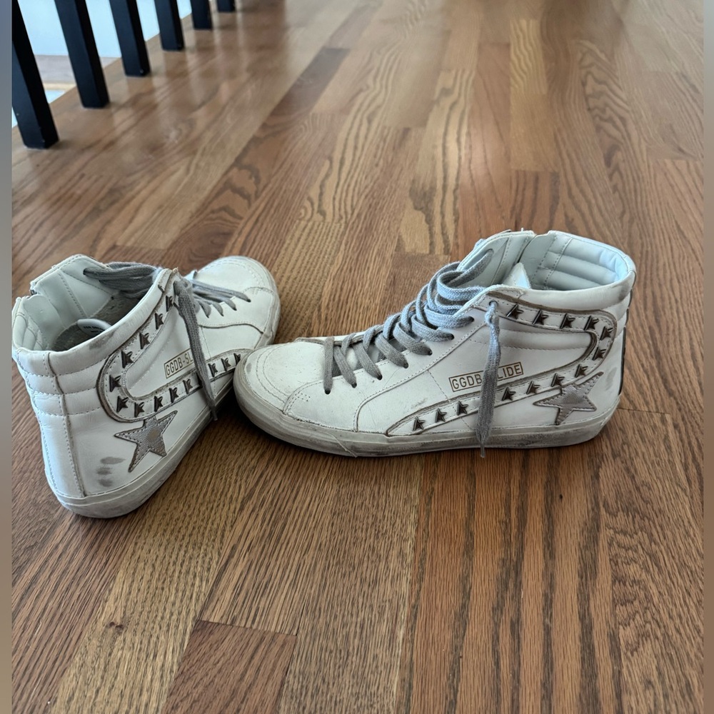 Golden Goose Women's Slide Studded Leather High Top Sneakers Optic White/Silver - Picture 2 of 5